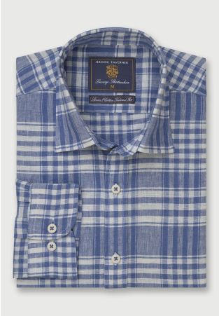 Tailored Fit Ecru and Blue Check Linen Cotton Shirt