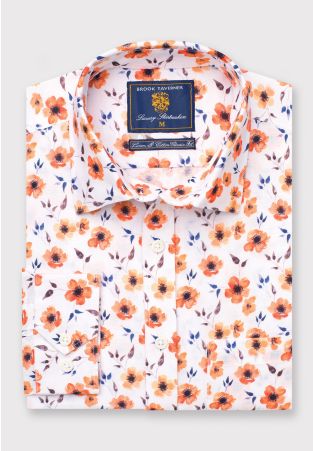 Regular Fit Orange Flower Print Linen Cotton Shirt