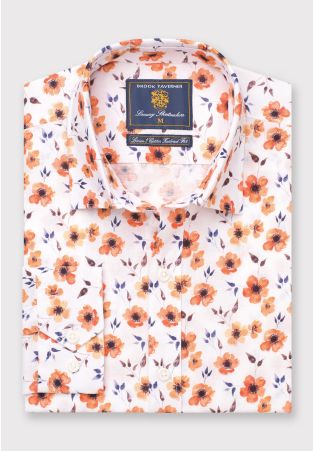 Tailored Fit Orange Flower Print Linen Cotton Shirt