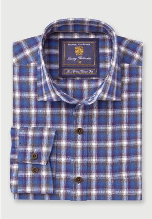 Tailored Fit Blue Check Melange Cotton 33.5" Sleeve Cotton Shirt