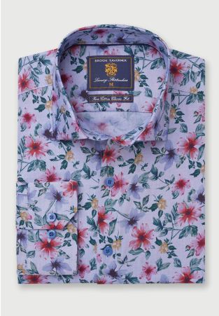 Tailored Fit Ice Blue Floral Print Cotton Shirt