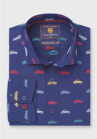Regular Fit Multicoloured Cars Conversational Jacquard Cotton Shirt