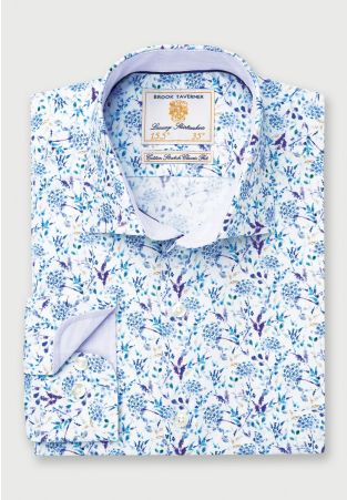 Regular Fit Blue and Purple Floral Print Cotton Stretch Shirt