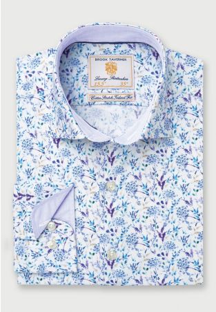 Tailored Fit Blue and Purple Print Cotton Stretch Shirt