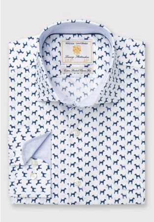 Regular Fit Navy Terrier Print Cotton Stretch Shirt