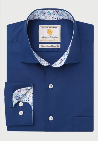 Regular Fit Navy Herringbone Cotton Stretch Shirt