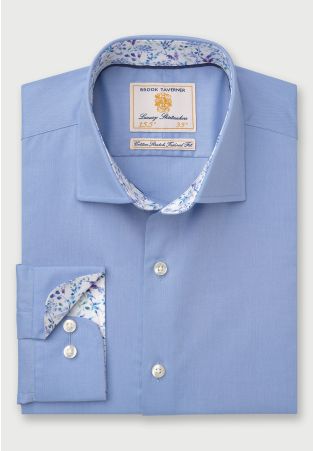 Tailored Fit Mid Blue Herringbone Cotton Stretch Shirt