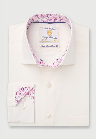 Regular Fit Ivory Herringbone Cotton Stretch Shirt