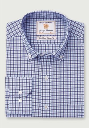 Tailored Fit Navy and Sky Blue Check Cotton-Rich Oxford Shirt