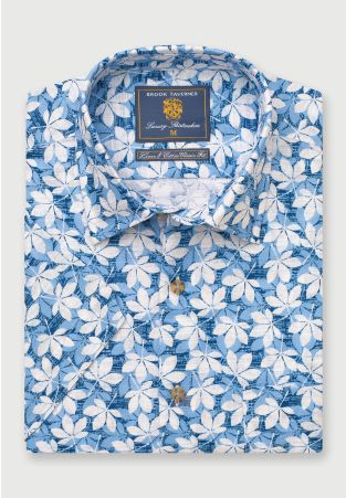 Regular Fit Blue Floral Print Linen Cotton Short Sleeve Shirt