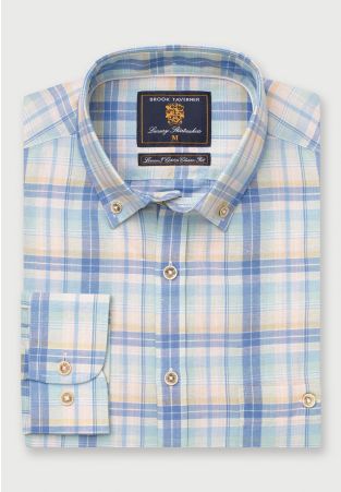 Regular Fit Mint Blue and Yellow Check Linen Cotton Shirt
