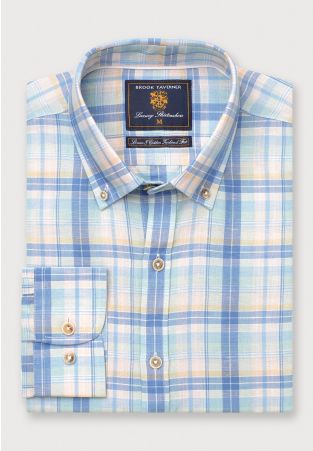 Tailored Fit Mint Blue and Yellow Check Linen Cotton Shirt