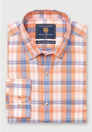 Regular Fit Apricot Check Linen Cotton Shirt