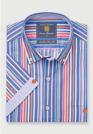 Regular Fit Blue Multicoloured Stripe Cotton Short Sleeve Shirt