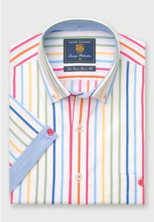Regular Fit White Stripe Cotton Short Sleeve Shirt