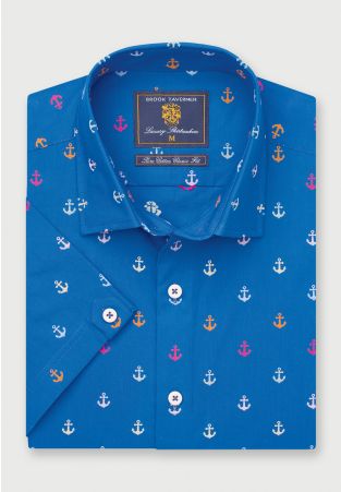 Regular Fit Sea Blue Cotton Short Sleeve Shirt