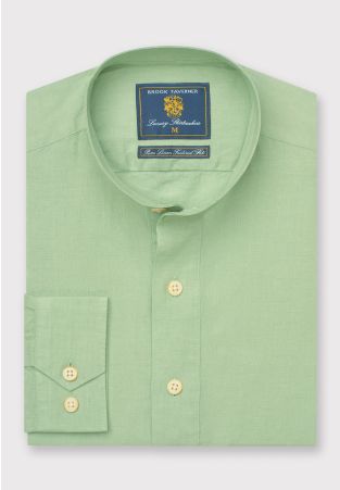 Tailored Fit Mint Linen Grandad Collar Popover Shirt