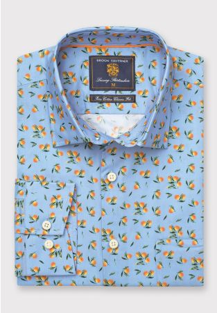 Regular Fit Sky Blue with Oranges Print Cotton Shirt