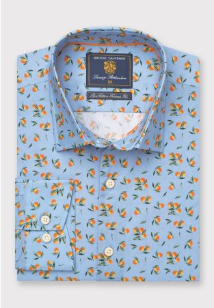 Tailored Fit Sky Blue with Oranges Print Cotton Shirt