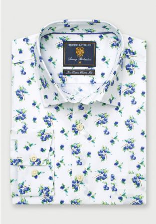 Regular Fit White with Plums Print Cotton Shirt