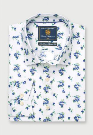 Tailored Fit White with Plums Print Cotton Shirt