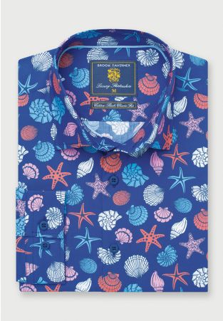 Regular Fit Deep Blue Shells Print REPREVE® Cotton Shirt