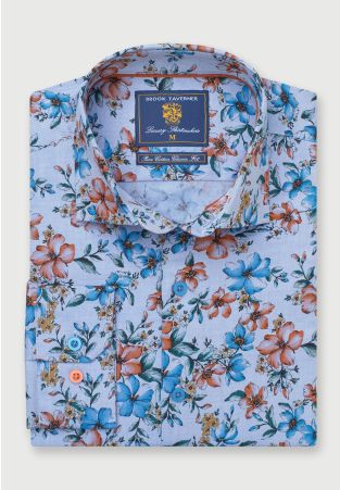 Regular Fit Blue Floral Print Cotton Shirt