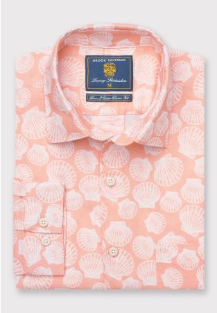Regular Fit Apricot with Clams Print Linen Cotton Shirt