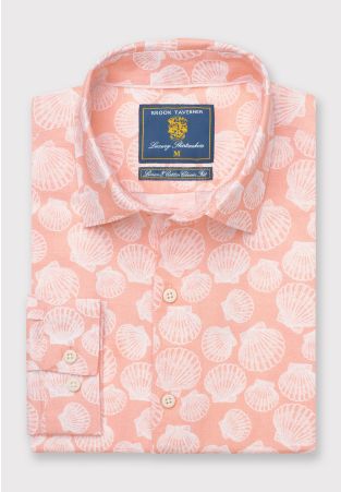 Tailored Fit Apricot with Clams Print Linen Cotton Shirt
