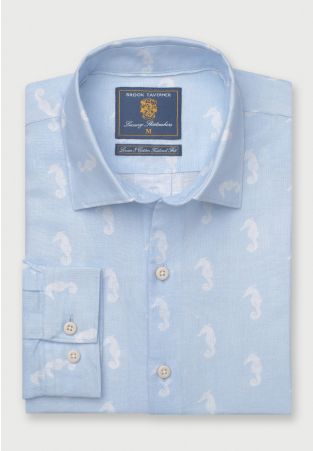 Tailored Fit Blue with Seahorses Print Linen Cotton Shirt