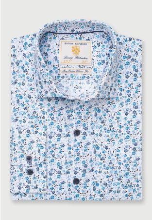Regular Fit Blue and Aqua Floral Cotton Shirt