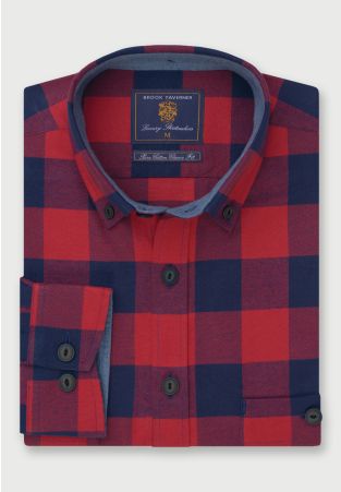 Regular Fit Red and Navy Check Cotton Shirt