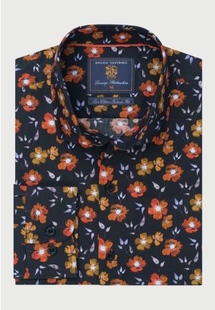 Tailored Fit Black Floral Print Cotton Shirt