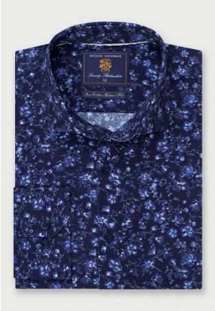 Regular Fit Navy Floral Needlecord Cotton Shirt