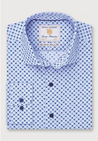 Tailored Fit Blue Square Print Cotton Shirt