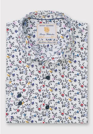 Tailored Fit White Bird Print Cotton Shirt 