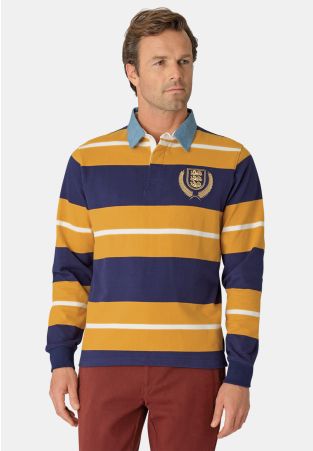 Ayckbourn Gold, Navy and White Hooped Rugby Shirt