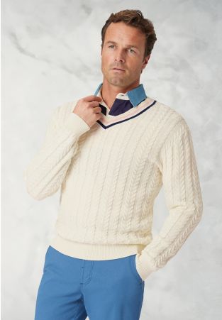 Benjamin Ecru Cotton V-Neck Cricket Style Jumper