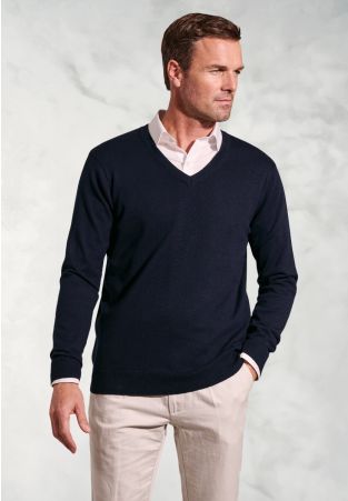 Berlin Navy Cotton Merino V-Neck Jumper