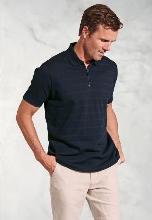 Chalamet Navy Popcorn Texture Stripe Zip Neck Polo Shirt