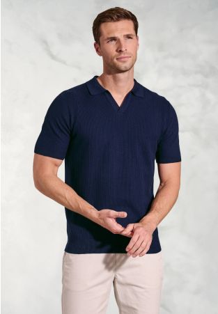 Clift Navy Notch Neck Leno Knit Cotton Polo Shirt