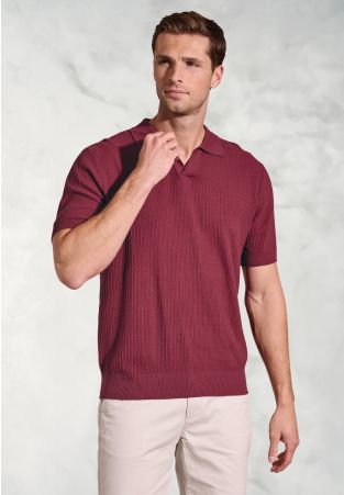 Clift Claret Notch Neck Leno Knit Cotton Polo Shirt