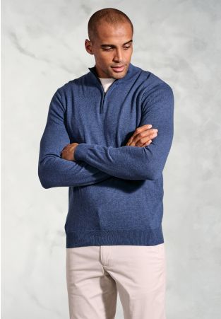 Copenhagen Denim Blue Cotton Merino Zip Neck Jumper