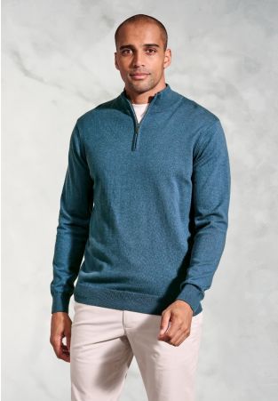 Copenhagen Teal Cotton Merino Zip Neck Jumper