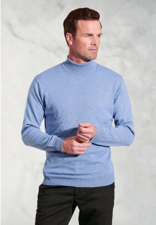 Cornwall Sky Blue Cotton Merino Roll Neck Jumper