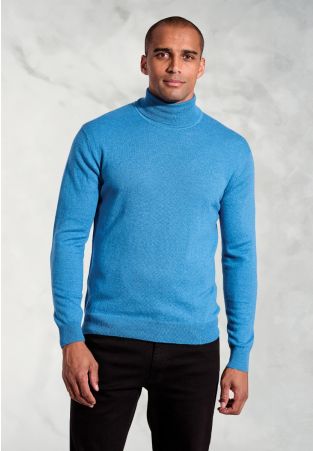 Cornwall Sea Blue Cotton Merino Roll Neck Jumper
