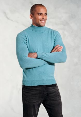 Cornwall Aqua Cotton Merino Roll Neck Jumper