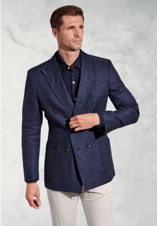 Tailored Fit Costner Navy Pure Linen Double Breasted Jacket