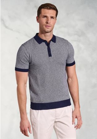 Cruise Navy Geometric Knit Cotton Polo Shirt