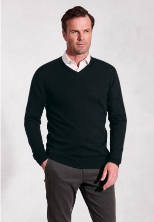 Arun Black Cotton Merino V-Neck Jumper